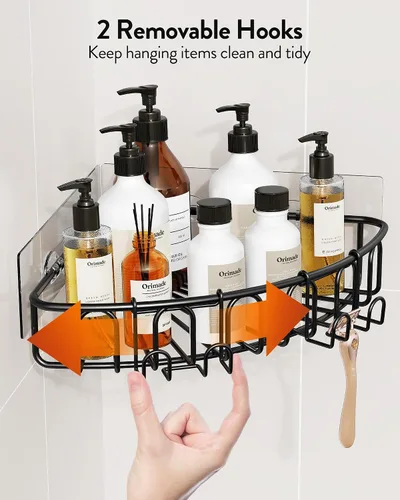 Vista 4 de Orimade Organizador esquinero de ducha de acero inoxidable con ganchos montado en la pared, estante de baño, organizador de almacenamiento, Negro