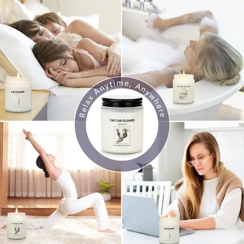 Vista 9 de Velas perfumadas para el hogar, paquete de 4 velas de soja de regalo con 4 aromas de fragancia, velas florales y de madera de lavanda