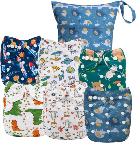Vista 11 de ALVA BABY - 6 fundas para pañales de tela y 1 bolsa húmeda y seca, lavable y reutilizable para pañales preplegado con bolsa multifuncional 02 Boy