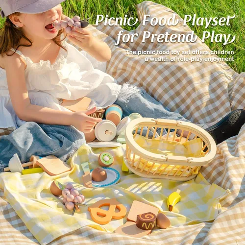 Vista 6 de ROBOTIME Juegos de alimentos de madera para cocina de niños, 14 piezas de juguetes de comida de simulación, cesta de picnic con frutas, postres