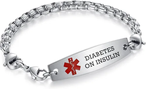 Vista 17 de Brazaletes de alerta médica ajustables de 7.5" a 9" para mujer/hombre, de acero inoxidable, intercambiables Cadena de bloque