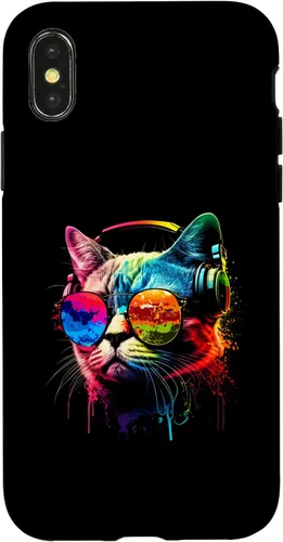 Vista 4 de Funda divertida para iPhone 15 DJ Cat con gafas de sol, auriculares y música