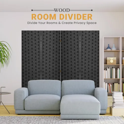 Vista 2 de Divisor de habitación, 4 paneles de madera para interiores, hecho a mano, separadores de habitación portátiles y pantallas plegables de privacidad