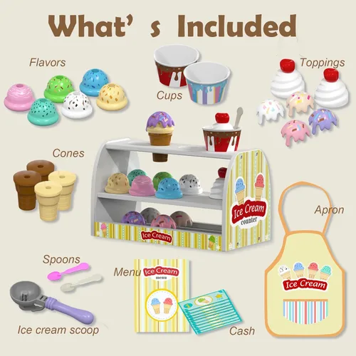 Vista 2 de Juego de helado para niños - Juguetes de simulación para niñas de 3 a 4 años Comida para mostrador de helados con delantal, cuchara, menú, dinero