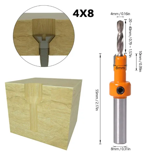 Vista 5 de Juego de 5 brocas avellanadas para taladrar madera, taladros para carpintería, taladros para carpintería, herramienta de carpintería con llaves