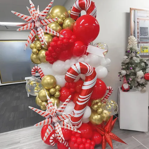 Vista 7 de Guirnalda de globos de Navidad, kit de arco de globos de Navidad rojos y blancos con globos de piruleta de bastón de caramelo de aluminio y globo