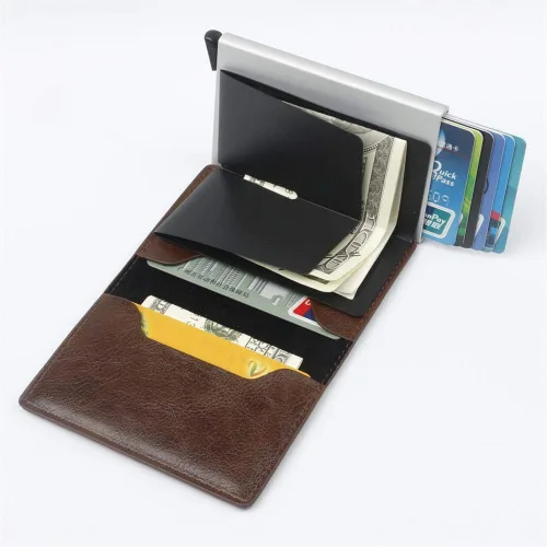 Vista 4 de CHJGLNL Cartera de cuero genuino para hombre, bloqueo RFID, de aluminio, automático, para tarjetas de crédito, café (A-Coffee), Slim