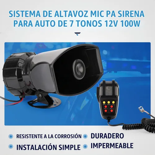 Vista 5 de Bocina de sirena de coche de 7 tonos con micrófono, sirena de alarma de 12 V 100 W, amplificador de emergencia con micrófono, sistema de altavoces