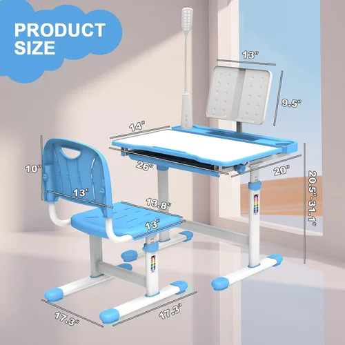 Vista 6 de BELANITAS Juego de escritorio y silla para niños, escritorio escolar de altura ajustable para niños, inclinable de 40 grados con 3 modos de luz