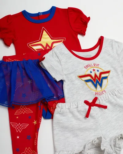 Vista 2 de WONDER WOMAN Conjunto de 4 piezas para bebé niña, camiseta de manga corta, pantalones leggings con falda tutú, body y pantalones cortos con cordón