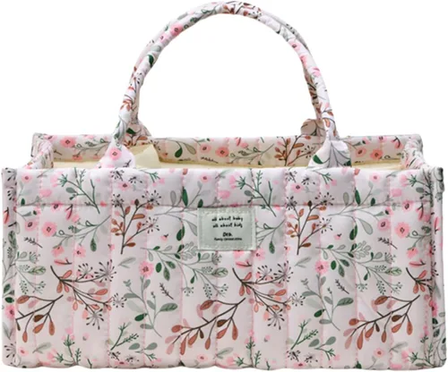 Vista 9 de Organizador de pañales, bonita cesta de almacenamiento floral para guardería, suave y portátil, organizador de auto para cambiador de coche