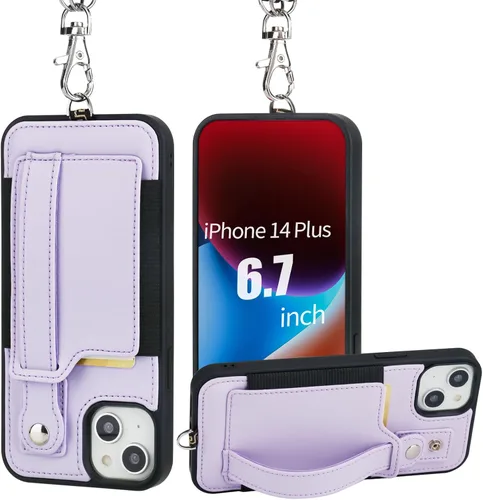 Vista 15 de TOOVREN Funda para teléfono compatible con iPhone 14 Plus, compatible con iPhone 14 Plus, funda con correa para tarjetero, cordón de cuero para Negro