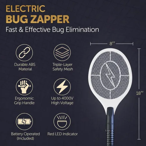 Vista 2 de Raqueta matamoscas eléctrico para mosquitos, moscas e insectos voladores, matamoscas de mano de 18 pulgadas para uso en interiores y exteriores, 2
