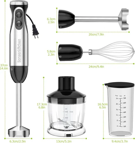 Vista 7 de Bonsenkitchen - Batidora de inmersión con procesador de alimentos, 20 velocidades y modo Turbo 4-in-1 Emulsion Hand Blender, Egg Whisk, 24 oz