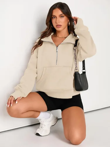 Vista 4 de AUTOMET Sudaderas con media cremallera para mujer, sudadera corta de vellón con cremallera de un cuarto, sudaderas con capucha para el otoño, a