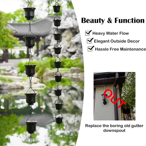 Vista 4 de Black Rain Catcher Chain with Hook, Aluminum Rain Chain Gutter Downspout Replacement, Outdoor Decor Rain Cups Water Feature Downpipe,Style Style B