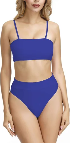 Vista 4 de Viottiset Bikini bandeau de cintura alta para mujer, traje de baño de 2 piezas con correa extraíble