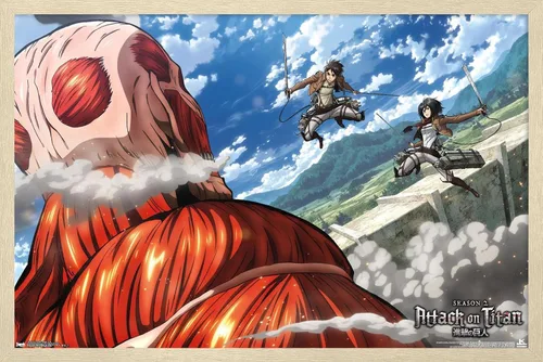 Vista 7 de Trends International Attack on Titan - Póster de pared de doble equipo, 14.725 x 22.375 pulgadas, versión enmarcada de madera de granero