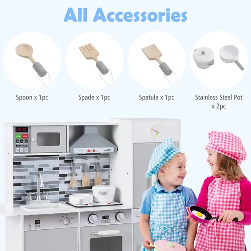 Vista 6 de INFANS Juego de cocina para niños, juego de cocina de madera con luz y sonido realistas, estufa, fregadero, microondas, armario de almacenamiento