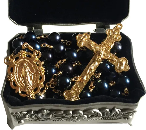 Vista 2 de elegantmedical Negro AAA+0.394 in Perlas Reales Cuentas Oro ROSARIO CRUZ Collar y caja REGALOS Católicos, Cobre Perla
