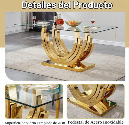 Vista 4 de Mesa de comedor grande de vidrio de 70 pulgadas, moderna mesa de comedor rectangular con parte superior de vidrio templado de 0.39 pulgadas y patas