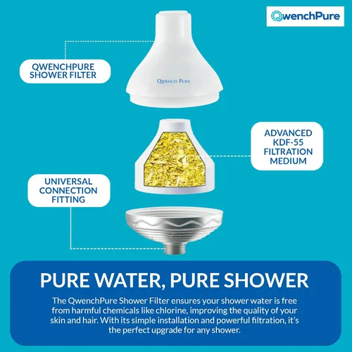 Vista 2 de QwenchPure Filtro de ducha para cloro: alto rendimiento, 100% KDF-55, elimina el cloro y los contaminantes, suaviza y purifica el agua dura, mejora