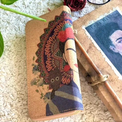 Vista 3 de Soul Living Creations Frida Kahlo Cork Vegan Wristlet Wallet Mexican Art Design