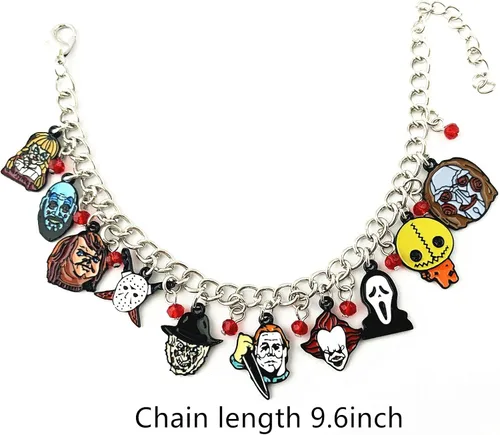 Vista 3 de Twin Six Pulsera de terror de Halloween Michael Myrs Jason Voorhs Fredy Krueger It PenyWis Chuky Face regalo para mujeres y niñas Metal Sin gemas