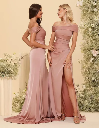Vista 2 de Vestidos de dama de honor de sirena de satén 2024 para mujer, con hombros descubiertos, vestido de fiesta de graduación con abertura de cola CM228