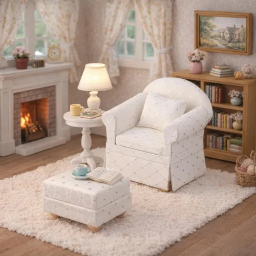 Vista 2 de Sillón blanco para casa de muñecas con otomana, mini silla para sala de estar, accesorio de muebles para muñecas de 6 pulgadas, escala 1:12