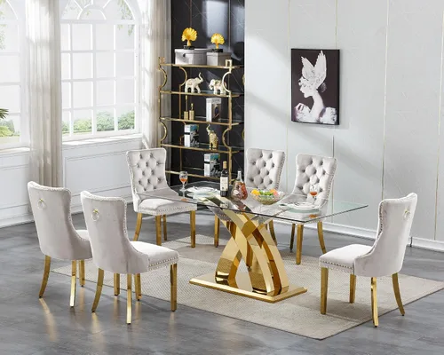 Vista 24 de Juego de mesa de comedor de cristal plateado moderno de 70 pulgadas para 4, juego de mesa de comedor rectangular de 5 piezas con patas de acero
