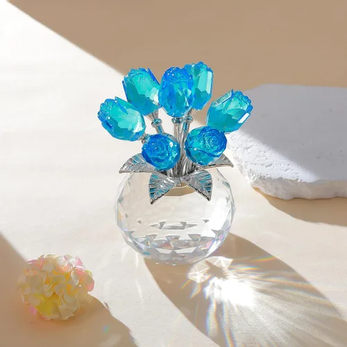 Vista 4 de Figura de cristal de rosa azul lago con jarrón, ramo de flores, adorno de regalo para esposa, novia, mujer, flor de cristal hecha a mano, decoración