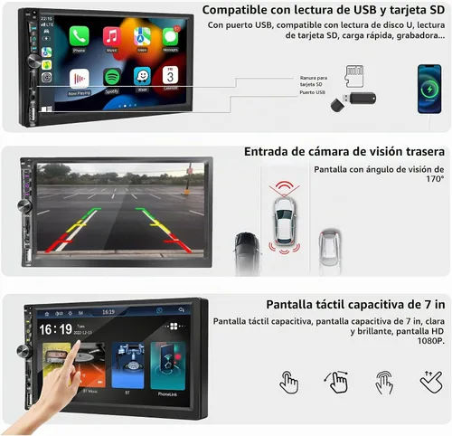 Vista 5 de Estéreo de coche inalámbrico de 7" de doble DIN con Apple CarPlay Android Auto 178 * 102mm, radio de reproducción de coche con pantalla táctil