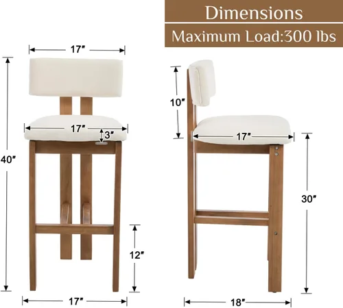 Vista 2 de Shunzhi Juego de 2 taburetes de bar tapizados de felpilla blanca con respaldo/patas de madera maciza, modernas sillas de bar altas para isla