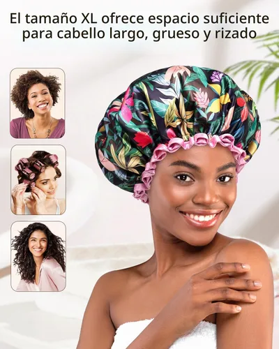 Vista 5 de mikimini Gorro de ducha grande para mujer, de pelo largo, con encaje rosa