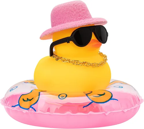 Vista 26 de wonuu Pato de goma para automóvil, decoración de pato amarillo con sombrero para el sol, anillo de natación, collar, gafas de sol para decoración