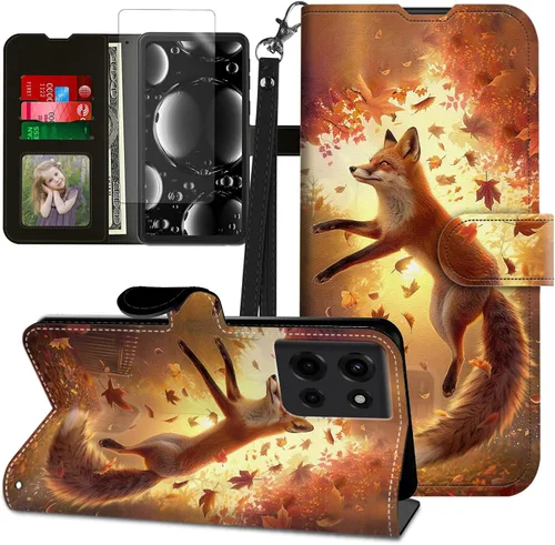 Vista 74 de Funda para Motorola Edge 2022 con protector de pantalla, soporte y tarjetero y correa para la muñeca, funda magnética para Moto Edge 2022 5G UW Lobo