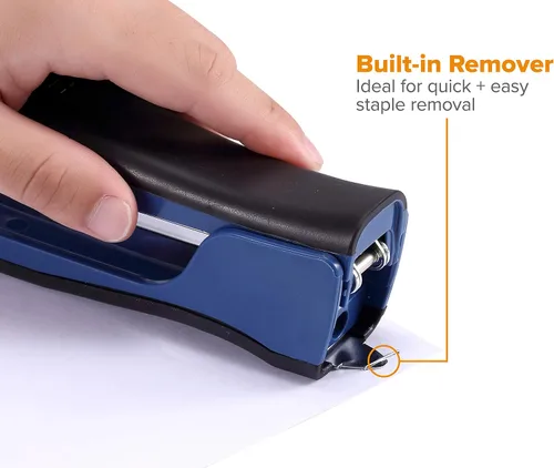 Vista 3 de Bostitch Office Dynamo - Engrapadora de pie con sacapuntas integrado, removedor de grapas y almacenamiento de grapas, azul marino (KT-B696-BLUE)