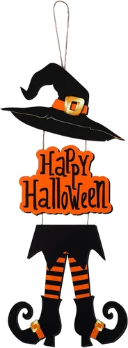 Vista 9 de Yerliker Decoración de letrero de Halloween con patas de bruja, sombrero de madera para colgar, decoración de pared de madera, versión rústica