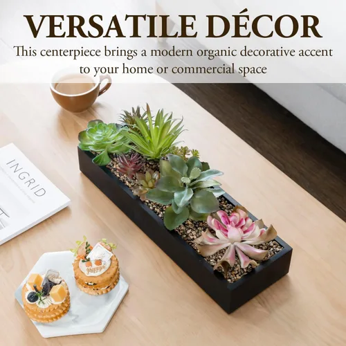 Vista 2 de MyGift Arreglo de suculentas artificiales surtidas en caja rectangular de madera negra, decoración de plantas falsas
