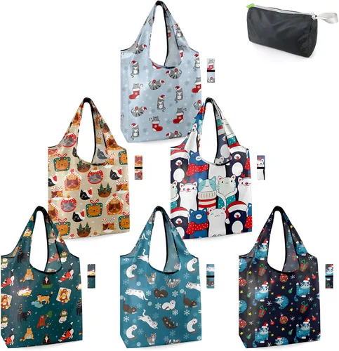 Vista 66 de BeeGreen Bolsas de comestibles reutilizables de Navidad con bolsa de almacenamiento con cremallera, paquete de 10 bolsas de compras reutilizables a