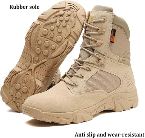 Vista 6 de Botas tácticas para hombre, botas de combate de 8 pulgadas, botas de trabajo para hombres, duraderas con cremallera lateral, botas militares