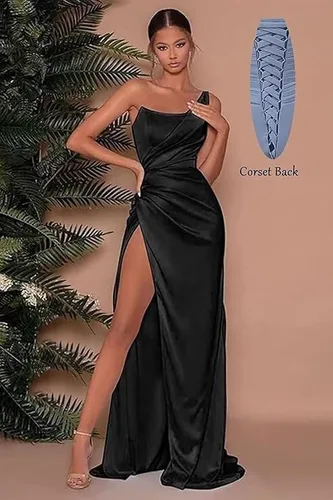 Vista 7 de Vestidos de dama de honor de un hombro para mujer, vestidos de sirena de satén con abertura, vestidos de fiesta formales plisados PA382