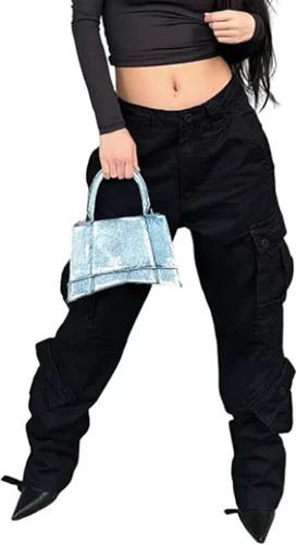 Vista 3 de Wyeysyt Pantalones cargo para mujer Y2K con múltiples bolsillos, pantalones holgados de cintura alta, pantalones de senderismo fruncidos