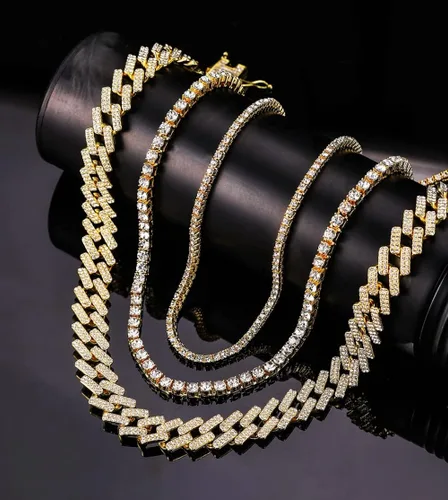 Vista 3 de HH BLING EMPIRE Cadena de eslabones cubanos y tenis dorados para hombre juego de collar de cadena cubana de diamantes para hombre cadena de joyería