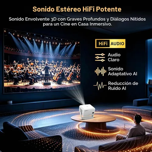 Vista 5 de Proyector para exteriores con Netflix integrado, soporte 4K, proyector inteligente de brillo 3500 con WiFi y Bluetooth, enfoque automático y Plateado