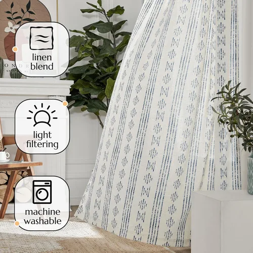 Vista 7 de Vangao - Cortinas boho azul con rayas, cortinas de granja geométricas de mudcloth de lino de 63 pulgadas de largo para sala de estar, tratamientos
