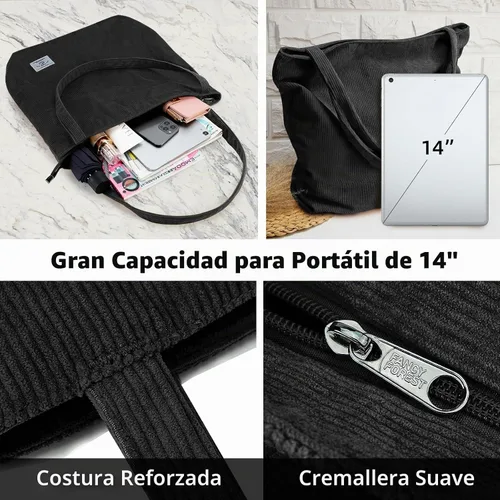 Vista 7 de KALIDI Bolsa Tote de Pana para Mujer con Cremallera Bolsa de Mano Casual Tote Bolsa de Hombro de Gran Capacidad con Bolsillos 1 negro y 1 blanco.