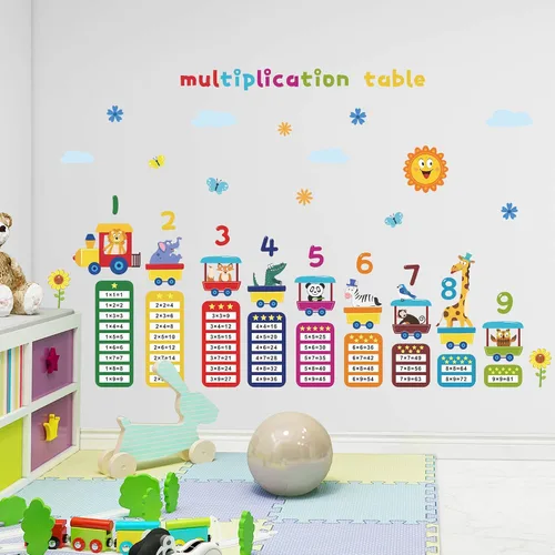 Vista 6 de Calcomanías de pared para mesa de multiplicación de dibujos animados, 99 calcomanías de pared de matemáticas para educación de animales, bricolaje