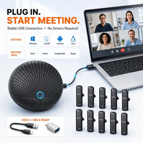 Vista 7 de Altavoz de conferencia CM300 con 10 micrófonos inalámbricos AI, 360° Pickup, rango de 65 pies, reducción de ruido, cancelación de eco, altavoz USB